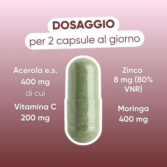 Dosaggio per 2 capsule: Acerola 400 mg con vitamina C 200 mg, zinco 8 mg, Moringa 400 mg
