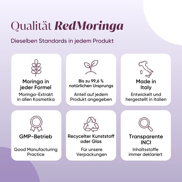 Qualità RedMoringa: Moringa in ogni formula, Made in Italy, GMP, contenitori riciclati, INCI trasparente