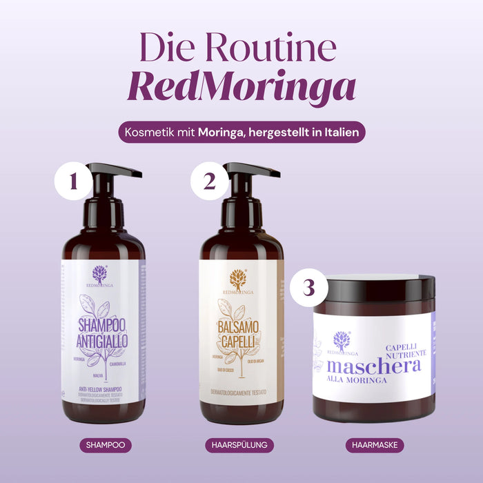 Routine RedMoringa: shampoo antigiallo, balsamo capelli, maschera capelli alla Moringa