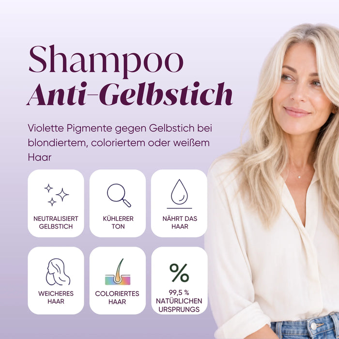 Shampoo antigiallo alla Moringa: neutralizza il giallo, nutre, capelli più morbidi, 99,5% di origine naturale