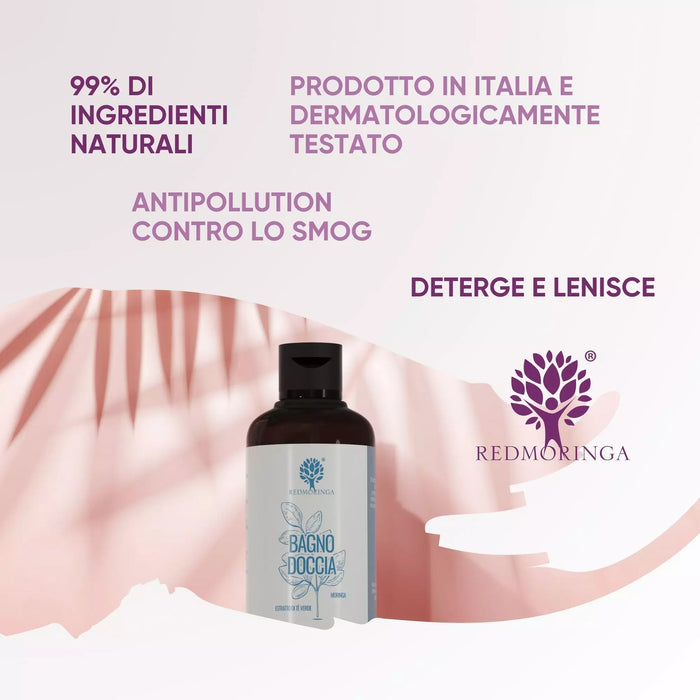 Bagnodoccia alla Moringa RedMoringa su fondo rosa: 99% di ingredienti naturali, prodotto in Italia e testato sulla pelle