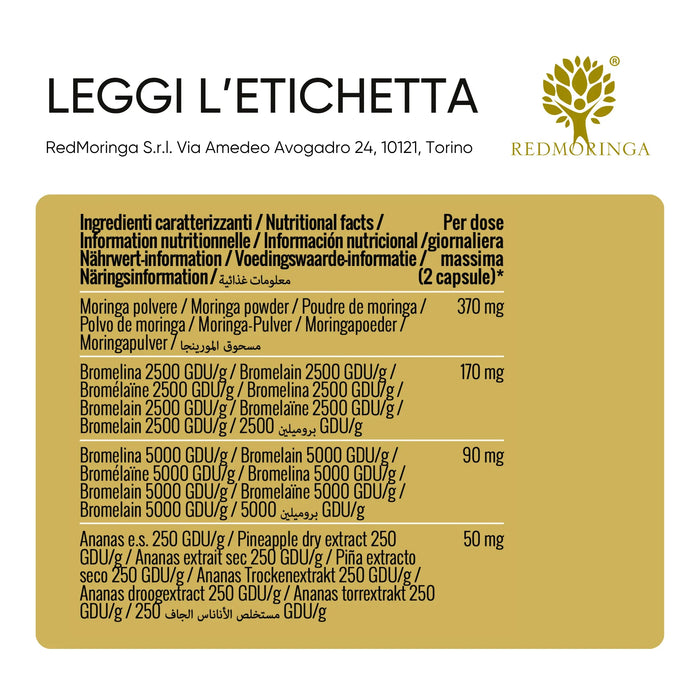 Tabella ingredienti: Moringa, Bromelina 2500 e 5000 GDU/g, Ananas