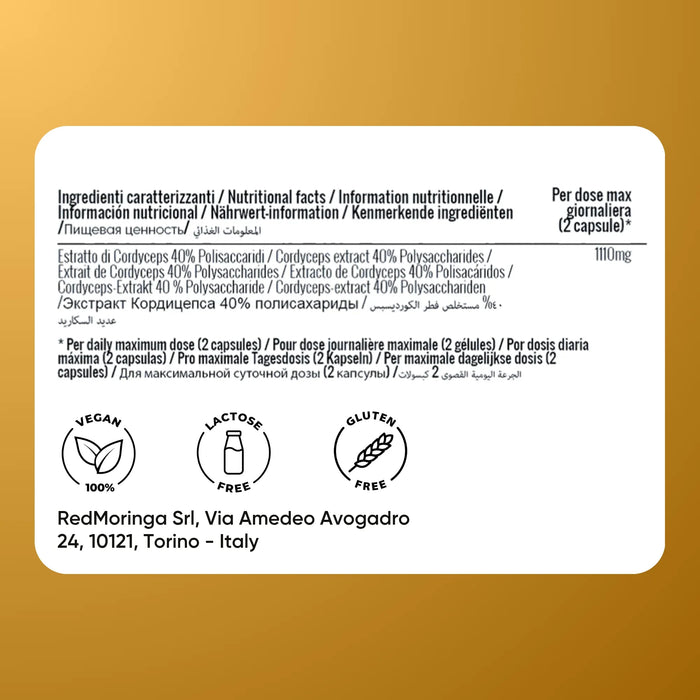 Etichetta Cordyceps Oravita: estratto 40% polisaccaridi, dose giornaliera 2 capsule