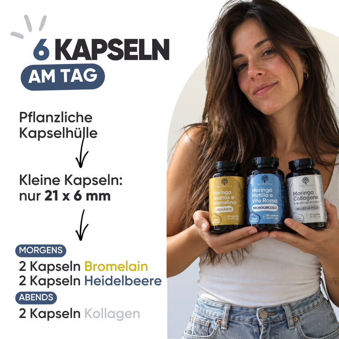 6 capsule al giorno: 2 bromelina e 2 mirtillo al mattino, 2 collagene alla sera