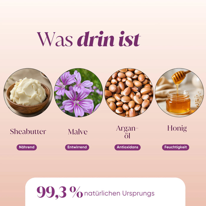 Ingredienti del balsamo capelli: karité, malva, olio di argan, miele, 99,3% di origine naturale