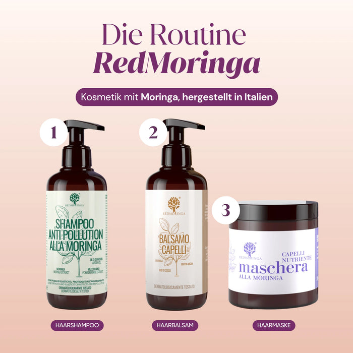 Routine capelli RedMoringa: shampoo, balsamo e maschera alla Moringa