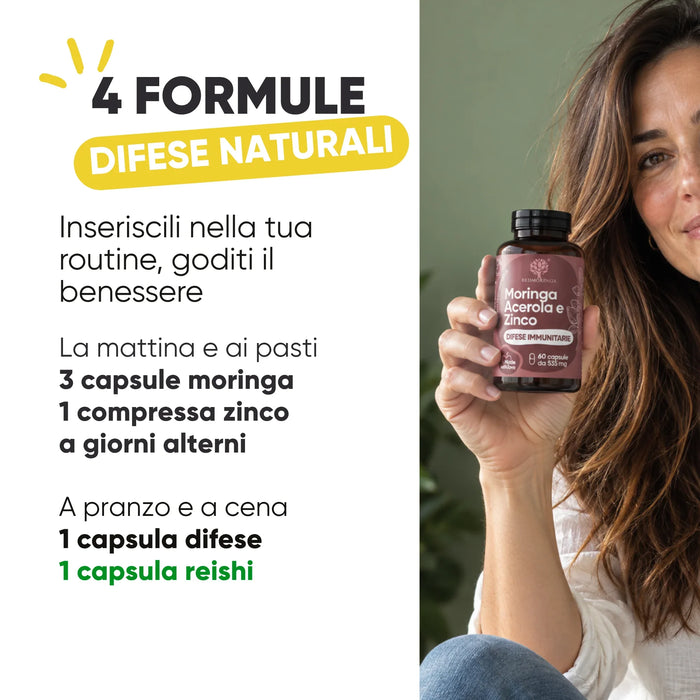 Come si usa: moringa la mattina e ai pasti, zinco a giorni alterni, difese e reishi a pranzo e a cena