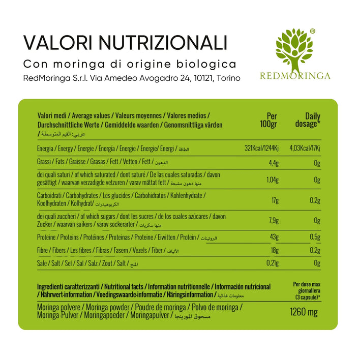 Valori nutrizionali della Moringa oleifera biologica in capsule