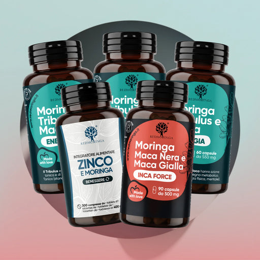 Trattamento INCA BOOST RedMoringa: cinque barattoli con Moringa Tribulus e Maca Energia, Zinco e Moringa e INCA FORCE