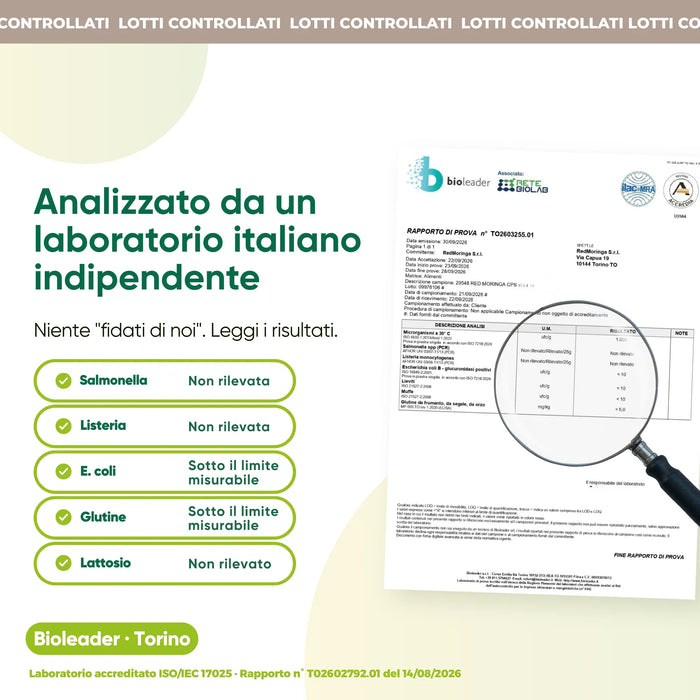 Analisi di laboratorio indipendente: salmonella, listeria, glutine, lattosio