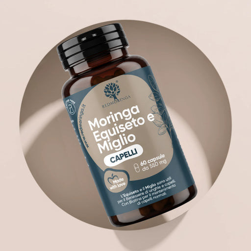 Flacone Moringa Equiseto e Miglio RedMoringa, integratore moringa capelli con biotina, 60 capsule da 550 mg