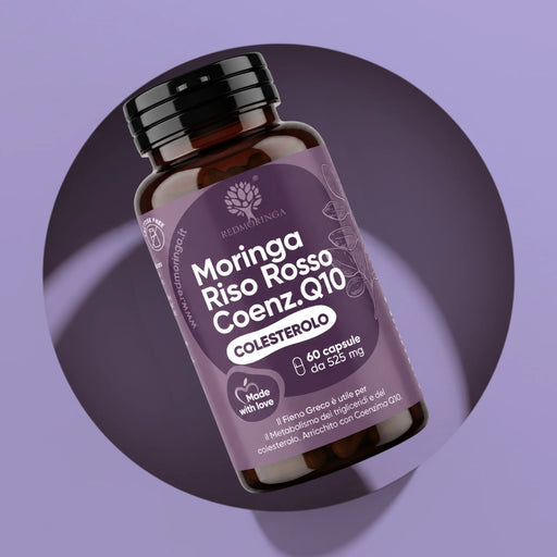 Flacone di Moringa Riso Rosso e Coenzima Q10 RedMoringa, integratore colesterolo in 60 capsule da 525 mg