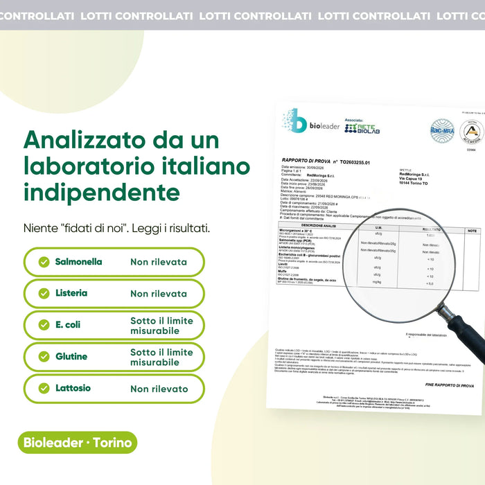 Analisi di laboratorio indipendente: salmonella, listeria, glutine, lattosio