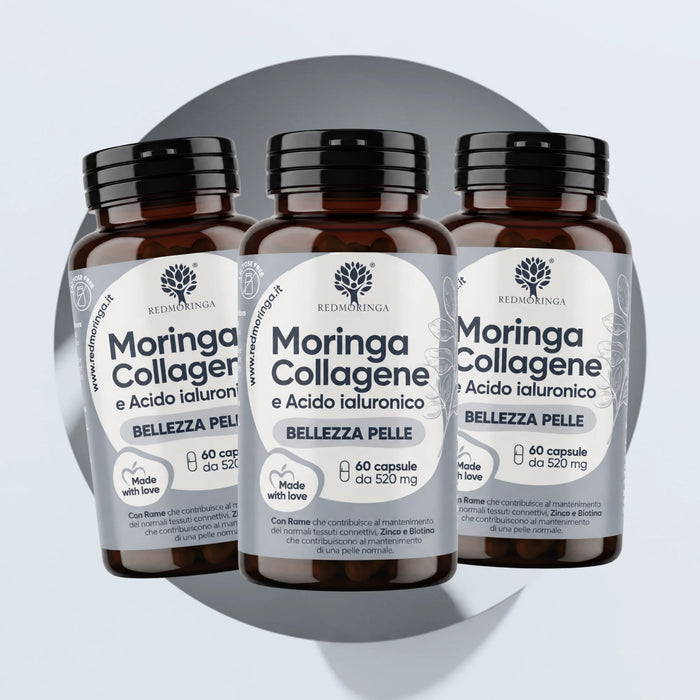 Tre flaconi Moringa Collagene e Acido Ialuronico RedMoringa, 180 capsule per tre mesi di bellezza della pelle