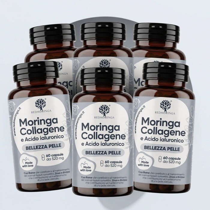 Sei flaconi Moringa Collagene e Acido Ialuronico RedMoringa, scorta da 360 capsule per sei mesi
