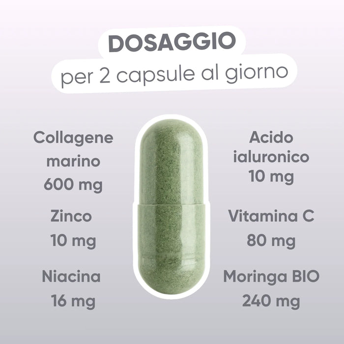 Dosaggio per 2 capsule: collagene marino 600 mg, acido ialuronico 10 mg, vitamina C 80 mg