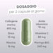 Dosaggio per 2 capsule: collagene marino 600 mg, acido ialuronico 10 mg, vitamina C 80 mg