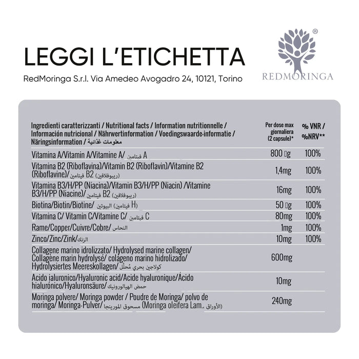 Tabella ingredienti: collagene marino, acido ialuronico, vitamine, zinco, rame, Moringa
