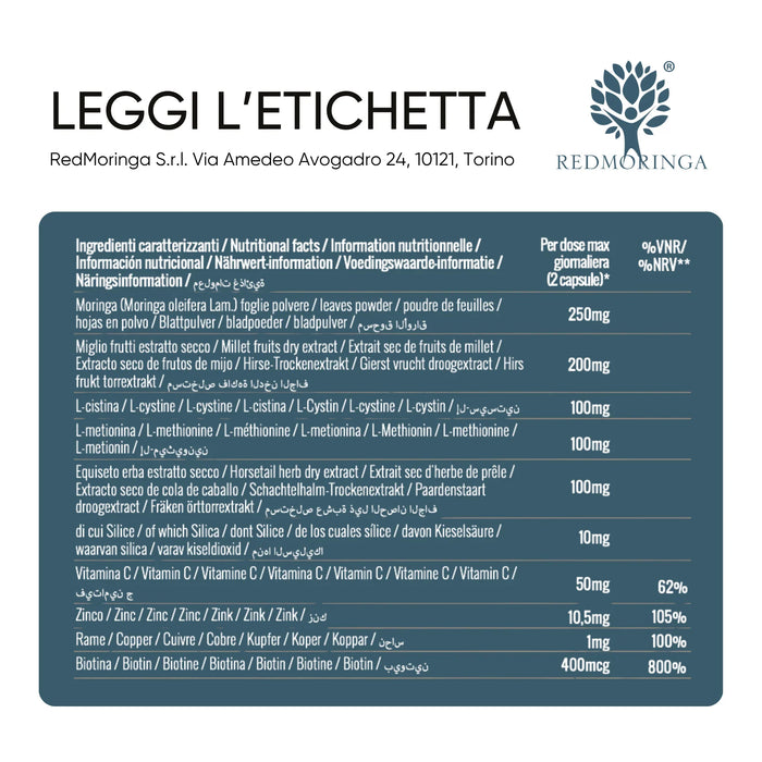 Etichetta capsule Equiseto e Miglio del trattamento antiforfora: Moringa 250 mg, miglio 200 mg, equiseto, zinco, biotina