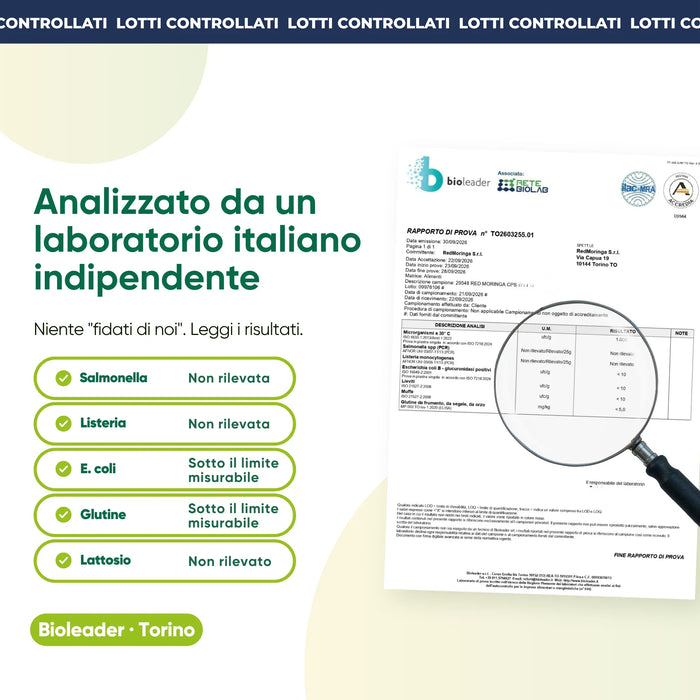 Analisi di laboratorio indipendente: salmonella, listeria, glutine, lattosio