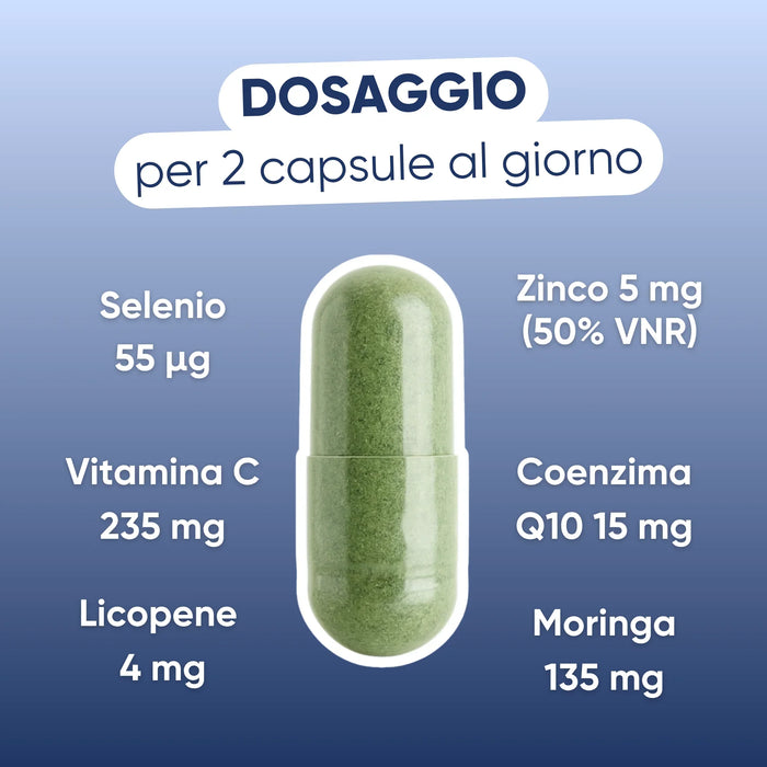 Dosaggio per 2 capsule: Selenio 55 µg, Zinco 5 mg, Vitamina C 235 mg, Q10 15 mg, Licopene 4 mg, Moringa 135 mg
