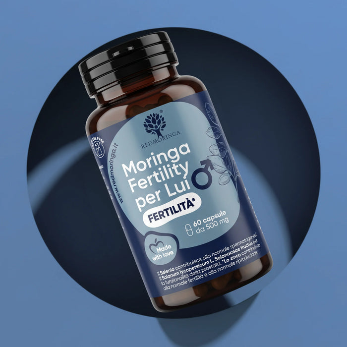 Flacone di Moringa Fertility per Lui RedMoringa, integratore per la fertilità maschile in 60 capsule da 500 mg