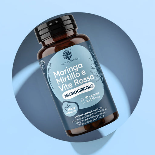 Flacone Moringa Mirtillo e Vite Rossa RedMoringa, integratore mirtillo e vite rossa per il microcircolo, 60 capsule da 515 mg