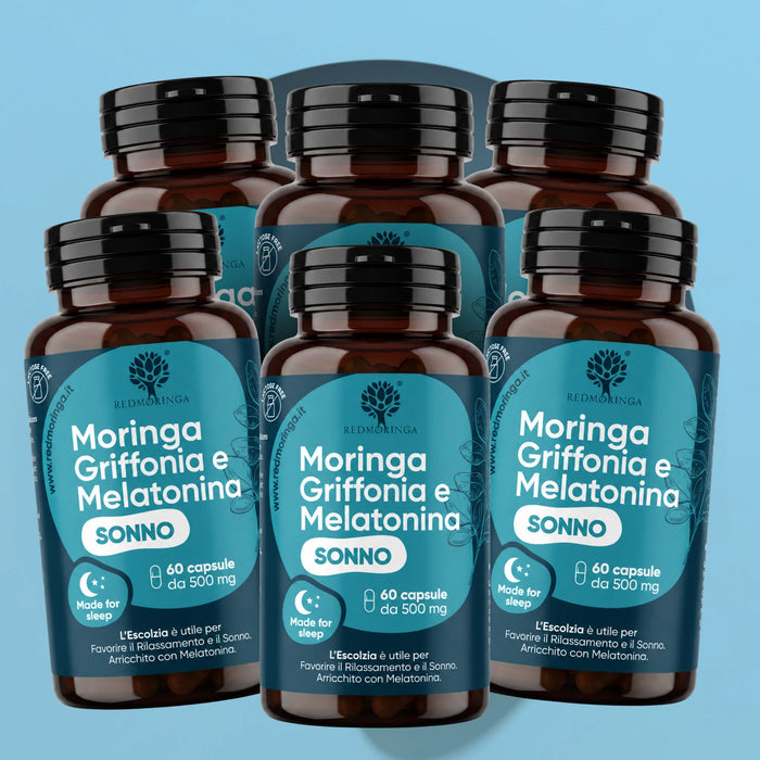 Sei barattoli di Moringa Griffonia e Melatonina Sonno RedMoringa, formato scorta da 360 capsule per il sonno