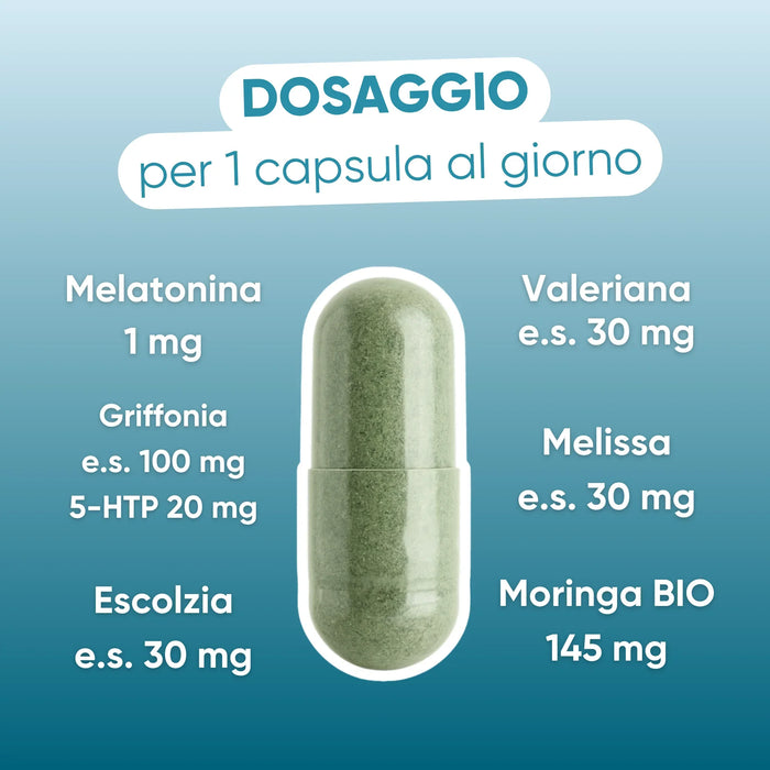 Dosaggio per 1 capsula: melatonina 1 mg, griffonia 100 mg, escolzia, melissa e valeriana 30 mg