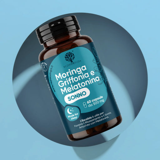 Moringa Griffonia e Melatonina Sonno RedMoringa, barattolo da 60 capsule da 500 mg: integratore per il sonno con escolzia