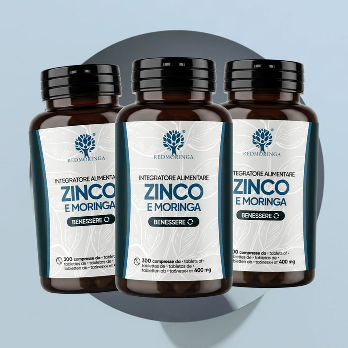 Tre flaconi dell'integratore Zinco e Moringa RedMoringa, 300 compresse da 400 mg ciascuno, scorta prolungata
