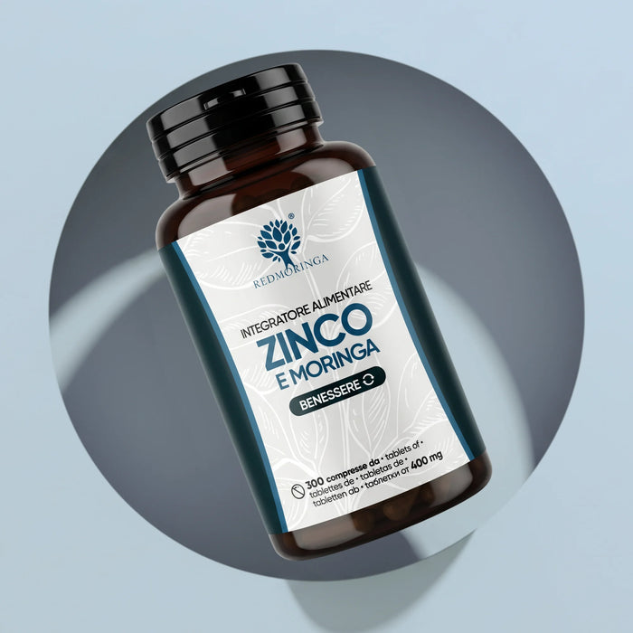 Flacone dell'integratore Zinco e Moringa RedMoringa, 300 compresse da 400 mg, integratore di zinco per pelle e acne