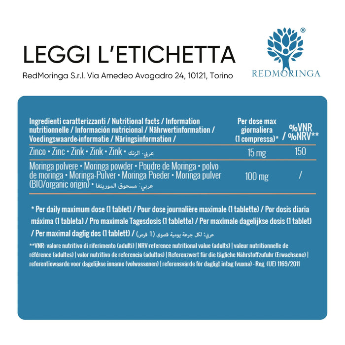 Tabella ingredienti: zinco 15 mg e Moringa 100 mg per compressa