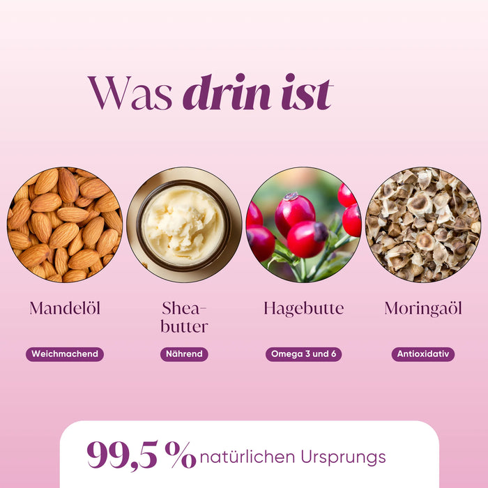 Ingredienti: olio di mandorla, burro di karité, rosa mosqueta, olio di Moringa, 99,5% di origine naturale