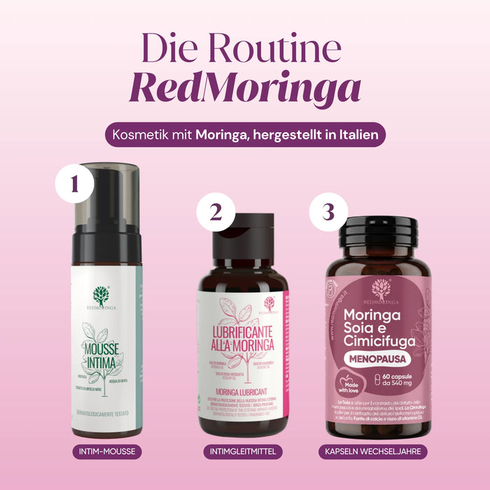 Routine RedMoringa: mousse intima, lubrificante intimo, integratore menopausa