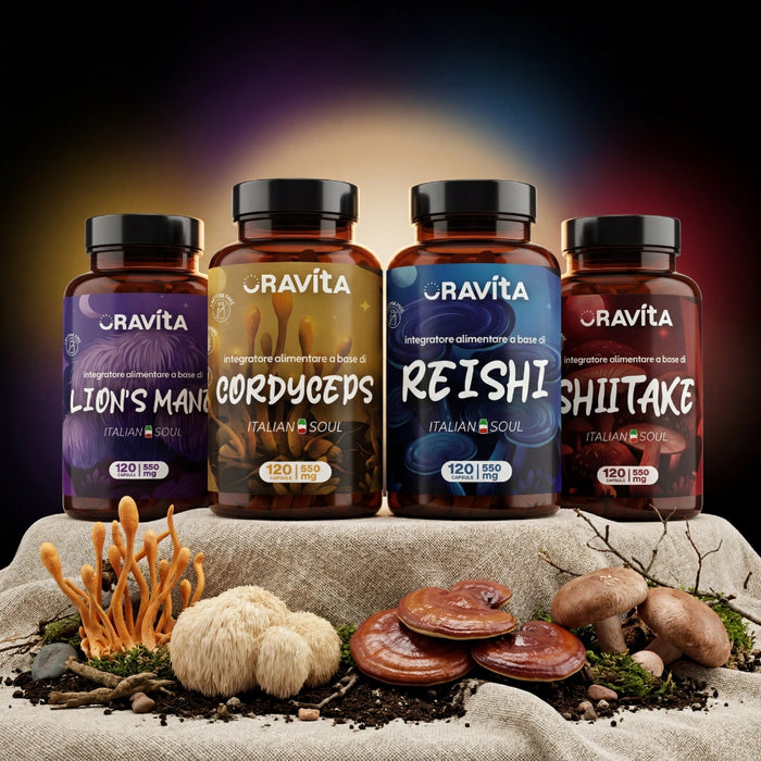 Kit 4 funghi ORAVità con funghi freschi: Lion's Mane, Cordyceps, Reishi, Shiitake – 480 capsule totali