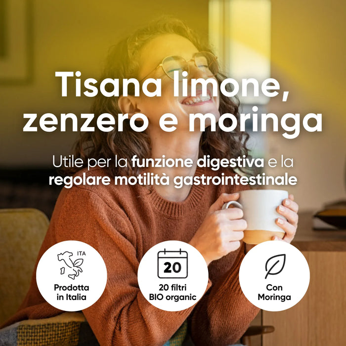Tisana limone, zenzero e moringa utile per la funzione digestiva, 20 filtri bio, prodotta in Italia
