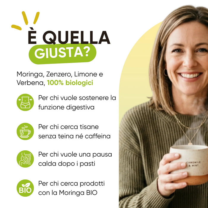 Tisana con Moringa, Zenzero, Limone e Verbena 100% biologici, senza teina né caffeina