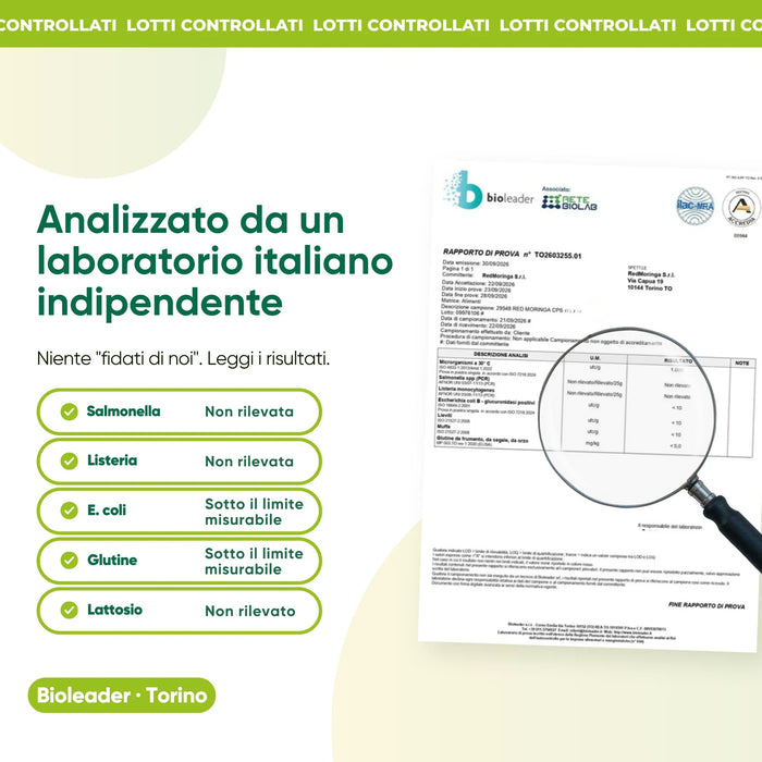 Analisi di laboratorio indipendente: salmonella, listeria, glutine, lattosio