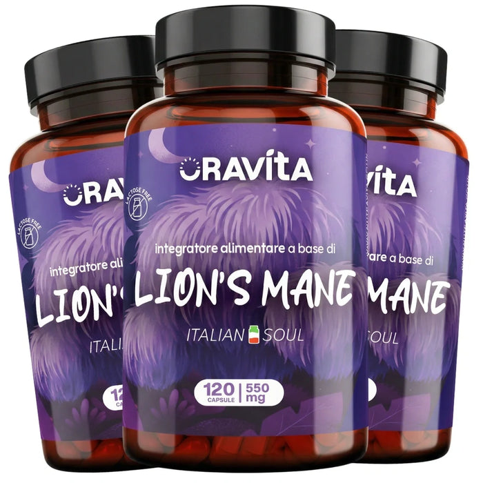 Tre barattoli di Lion's Mane Oravita, 360 capsule da 550 mg con estratto titolato al 30% di polisaccaridi