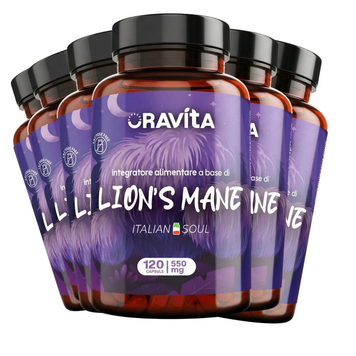 Sei barattoli di Lion's Mane Oravita, 720 capsule da 550 mg con estratto titolato al 30% di polisaccaridi