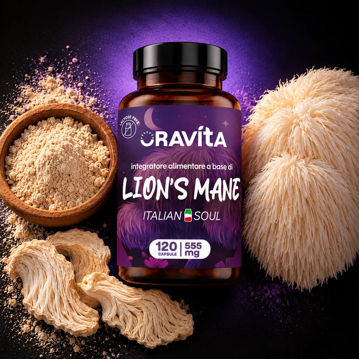 Oravita Lion's Mane estratto titolato, barattolo da 120 capsule con fungo Hericium fresco, essiccato e in polvere