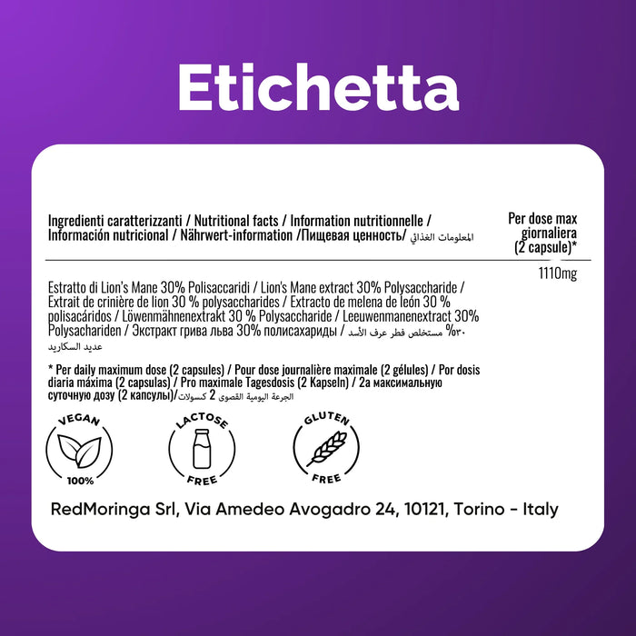 Etichetta Lion's Mane Oravita: estratto 30% polisaccaridi, 1110 mg per dose giornaliera