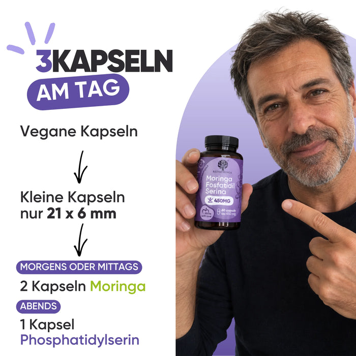 Come si assume: 2 capsule di Moringa al mattino o a pranzo, 1 capsula di Fosfatidilserina alla sera