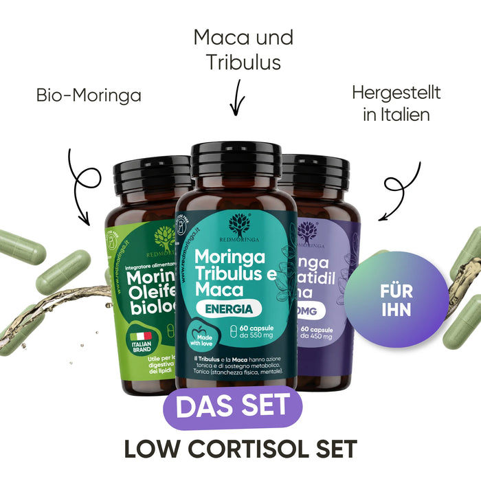 Set Low Cortisol versione uomo: Fosfatidilserina, Moringa, Maca e Tribulus