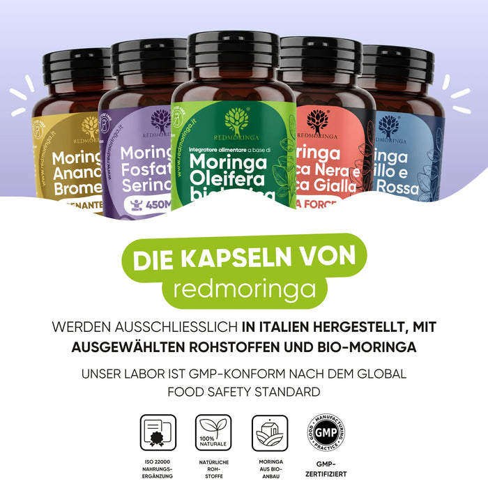 Gli integratori RedMoringa sono prodotti in Italia con Moringa biologica, laboratorio conforme GMP