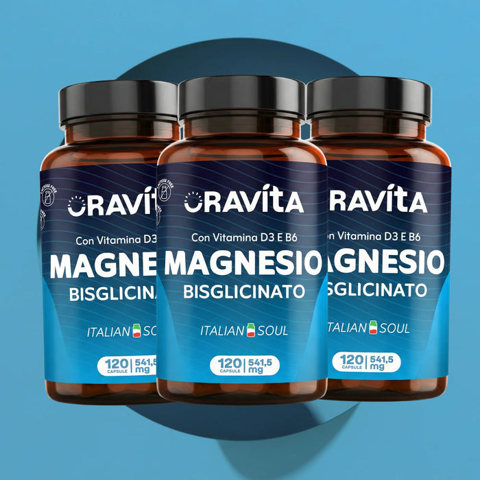 Magnesio Bisglicinato 450mg + Vitamina D3 e B6 | 120 Capsule Vegetali