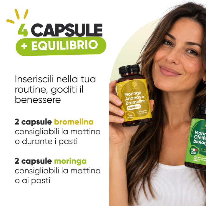 Come si assume: 2 capsule di Bromelina e 2 di Moringa, la mattina o ai pasti
