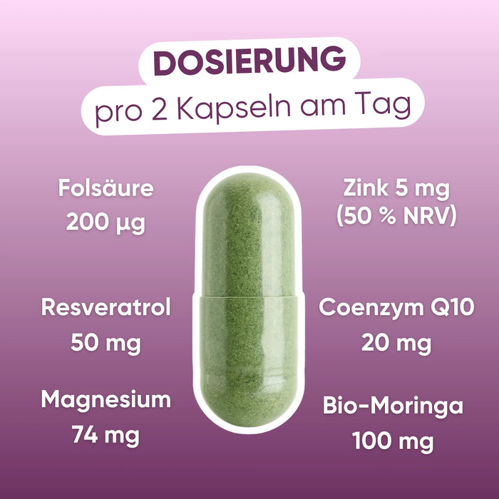 Dosaggio per 2 capsule: Zinco 5 mg, Acido folico 200 µg, Resveratrolo 50 mg, Q10 20 mg, Magnesio 74 mg