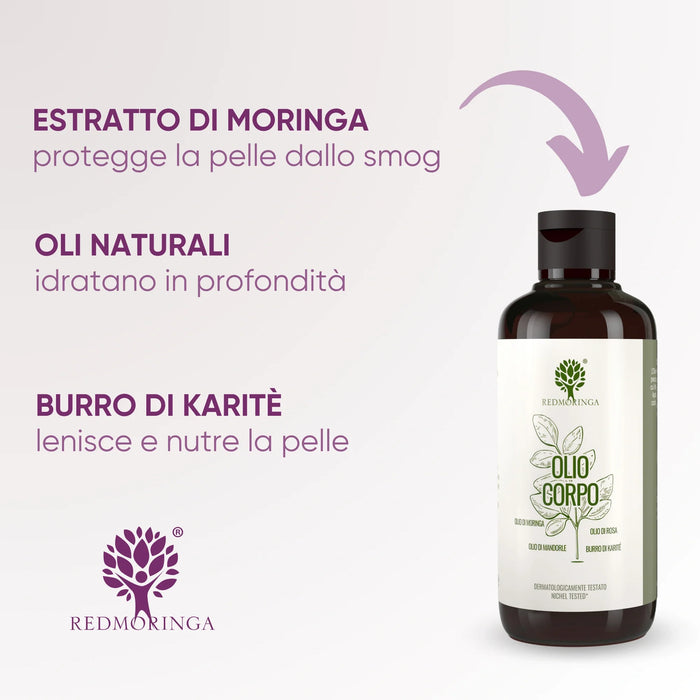 Ingredienti dell'olio di moringa corpo e capelli: estratto di Moringa anti-smog, oli naturali idratanti e burro di karité